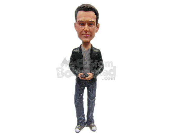 Custom Bobblehead Handsome Alpha Male In Jacket Holding Mobile In Hand - Leisure & Casual Casual Males Personalized Bobblehead & Cake Topper Custom Bobblehead Handsome Alpha Male In Jacket Holding Mobile In Hand - Leisure & Casual Casual Males Personalized Bobblehead & Cake Topper